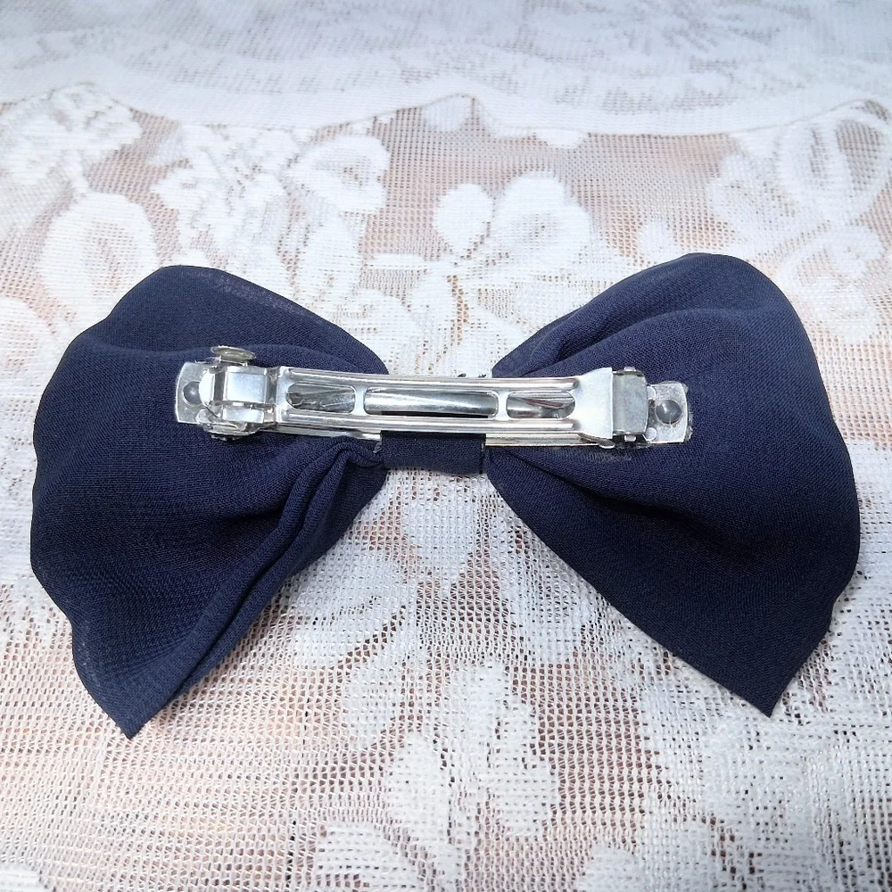 Fabric Bow Barrette French Clip Navy Blue With Brass Studs - Picture 7 of 11